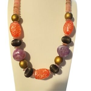 Orange Purple Beaded Statement Necklace Vibrant Chunky Colorful Jewelry